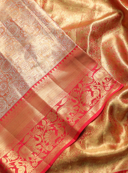 Pure kanchipuram tissue silk saree golden red and red with allover zari woven brocade weaves and rich zari woven border