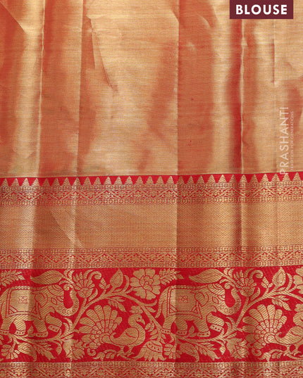 Pure kanchipuram tissue silk saree golden red and red with allover zari woven brocade weaves and rich zari woven border