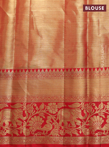 Pure kanchipuram tissue silk saree golden red and red with allover zari woven brocade weaves and rich zari woven border
