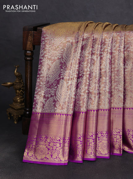Pure kanchipuram tissue silk saree gold and purple with allover zari woven brocade weaves and rich zari woven border