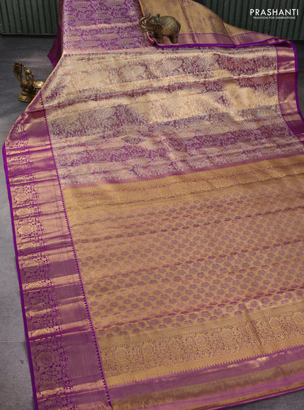 Pure kanchipuram tissue silk saree gold and purple with allover zari woven brocade weaves and rich zari woven border