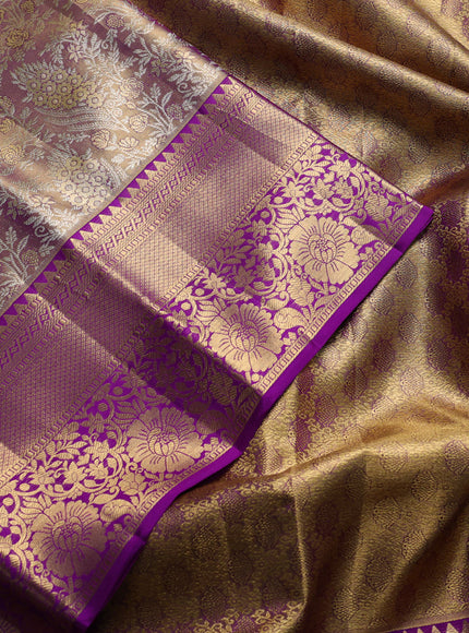 Pure kanchipuram tissue silk saree gold and purple with allover zari woven brocade weaves and rich zari woven border
