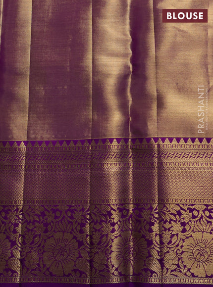 Pure kanchipuram tissue silk saree gold and purple with allover zari woven brocade weaves and rich zari woven border