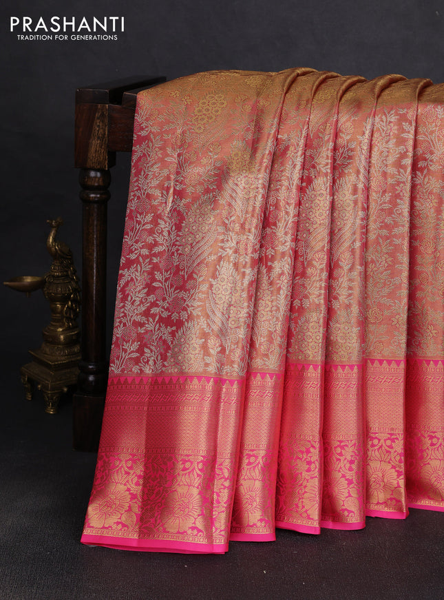 Pure kanchipuram tissue silk saree golden pink and pink with allover zari woven brocade weaves and rich zari woven border