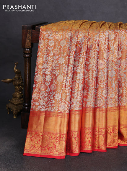Pure kanchipuram tissue silk saree golden red with allover zari woven brocade weaves and rich zari woven border