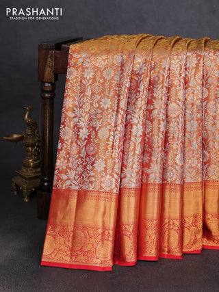 Pure kanchipuram tissue silk saree golden red with allover zari woven brocade weaves and rich zari woven border