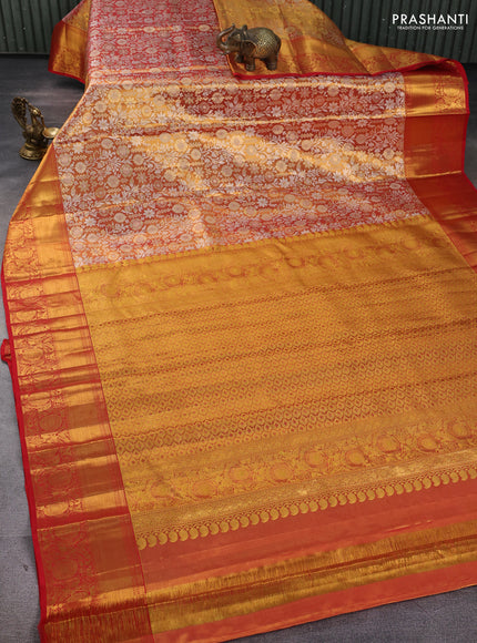Pure kanchipuram tissue silk saree golden red with allover zari woven brocade weaves and rich zari woven border