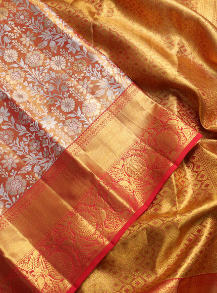 Pure kanchipuram tissue silk saree golden red with allover zari woven brocade weaves and rich zari woven border