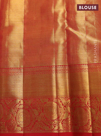 Pure kanchipuram tissue silk saree golden red with allover zari woven brocade weaves and rich zari woven border