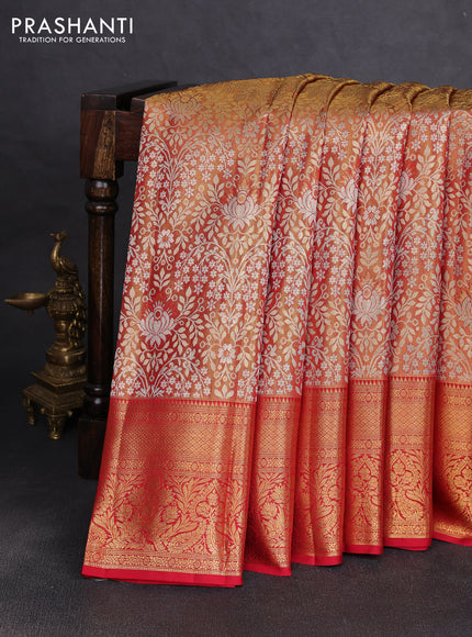 Pure kanchipuram tissue silk saree gold and maroon with allover zari woven brocade weaves and rich zari woven border