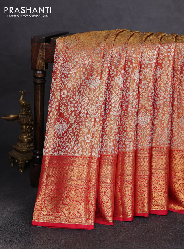 Pure kanchipuram tissue silk saree gold and maroon with allover zari woven brocade weaves and rich zari woven border