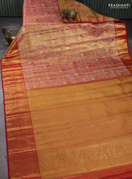 Pure kanchipuram tissue silk saree gold and maroon with allover zari woven brocade weaves and rich zari woven border