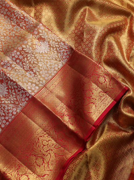 Pure kanchipuram tissue silk saree gold and maroon with allover zari woven brocade weaves and rich zari woven border