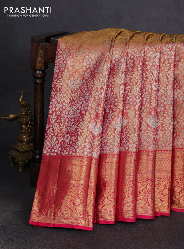 Pure kanchipuram tissue silk saree golden pink and dark pink with allover zari woven brocade weaves and rich zari woven border