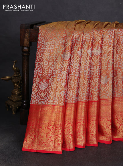 Pure kanchipuram tissue silk saree dual shade of golden red with allover zari woven brocade weaves and rich zari woven border