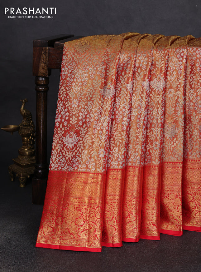 Pure kanchipuram tissue silk saree dual shade of golden red with allover zari woven brocade weaves and rich zari woven border