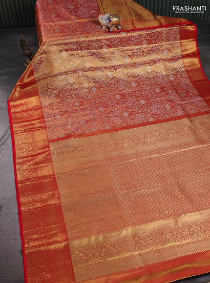 Pure kanchipuram tissue silk saree dual shade of golden red with allover zari woven brocade weaves and rich zari woven border