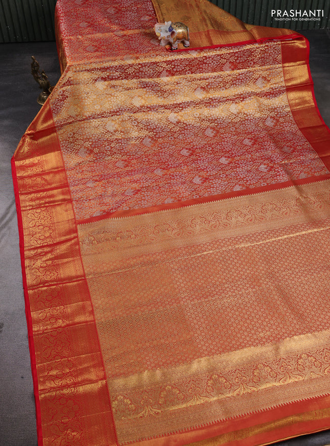 Pure kanchipuram tissue silk saree dual shade of golden red with allover zari woven brocade weaves and rich zari woven border