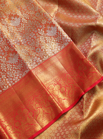 Pure kanchipuram tissue silk saree dual shade of golden red with allover zari woven brocade weaves and rich zari woven border