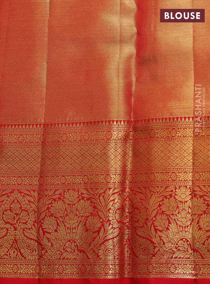 Pure kanchipuram tissue silk saree dual shade of golden red with allover zari woven brocade weaves and rich zari woven border