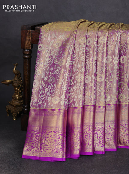 Pure kanchipuram tissue silk saree dual shade of purple with allover zari woven brocade weaves and rich zari woven border