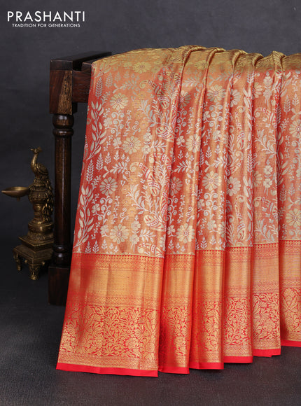 Pure kanchipuram tissue silk saree red with allover zari woven brocade weaves and rich zari woven border