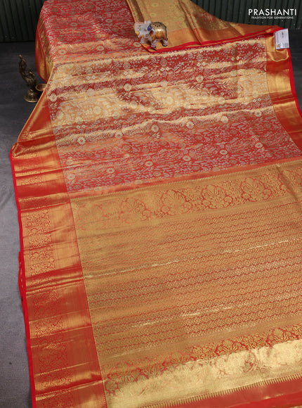 Pure kanchipuram tissue silk saree red with allover zari woven brocade weaves and rich zari woven border
