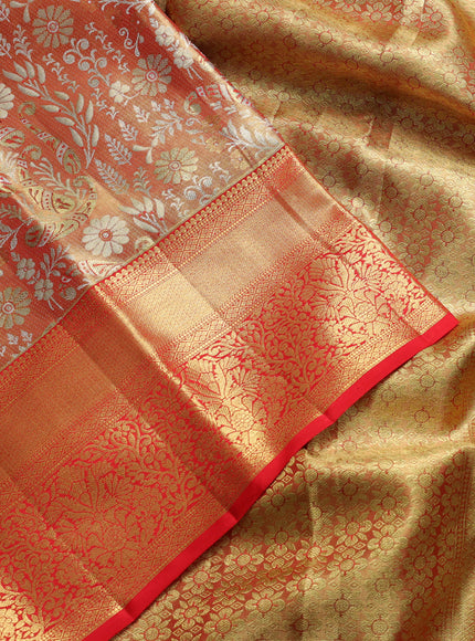 Pure kanchipuram tissue silk saree red with allover zari woven brocade weaves and rich zari woven border