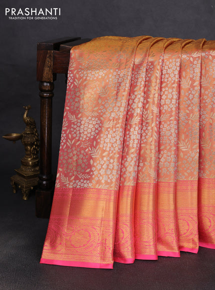 Pure kanchipuram tissue silk saree dual shade of golden peach and peach pink with allover zari woven floral brocade weaves and rich zari woven border