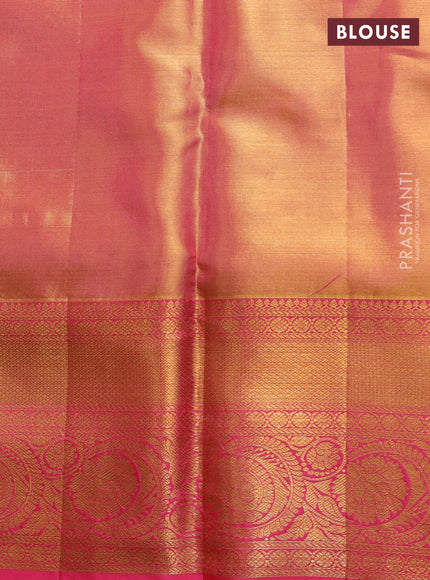 Pure kanchipuram tissue silk saree dual shade of golden peach and peach pink with allover zari woven floral brocade weaves and rich zari woven border