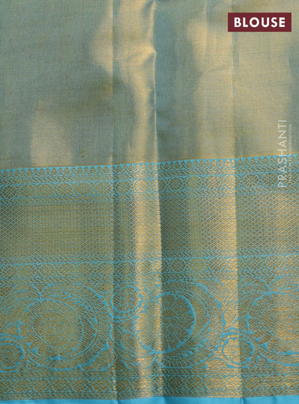 Pure kanchipuram tissue silk saree golden light blue and light blue with allover zari woven floral brocade weaves and rich zari woven border