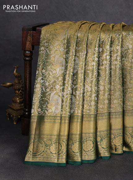 Pure kanchipuram tissue silk saree golden green and green with allover zari woven brocade weaves and rich zari woven border