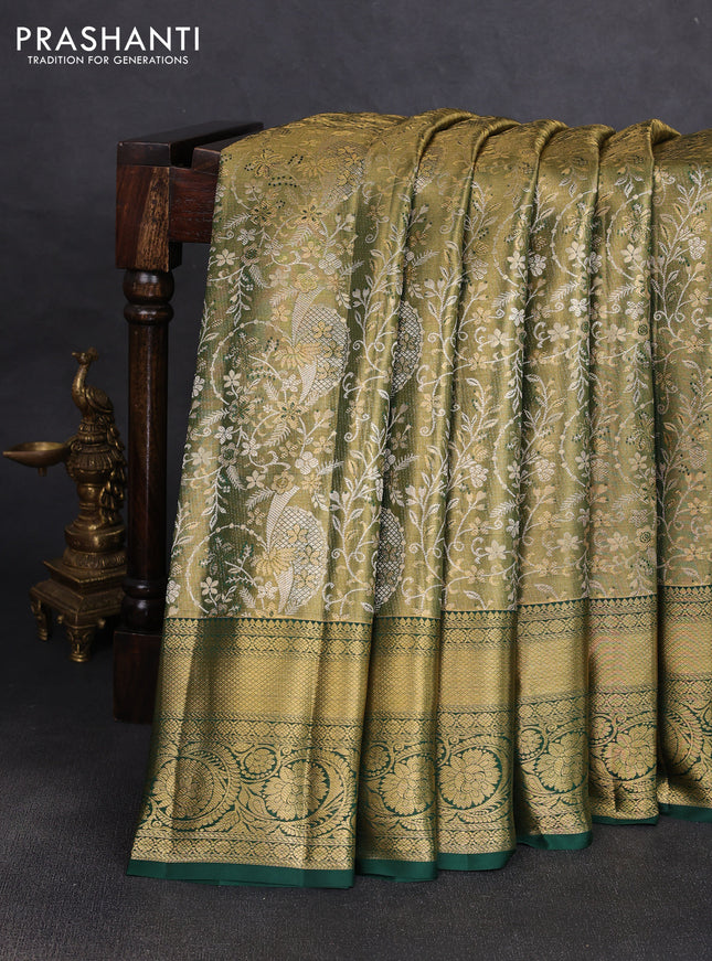 Pure kanchipuram tissue silk saree golden green and green with allover zari woven brocade weaves and rich zari woven border
