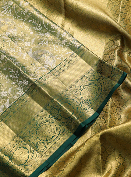 Pure kanchipuram tissue silk saree golden green and green with allover zari woven brocade weaves and rich zari woven border