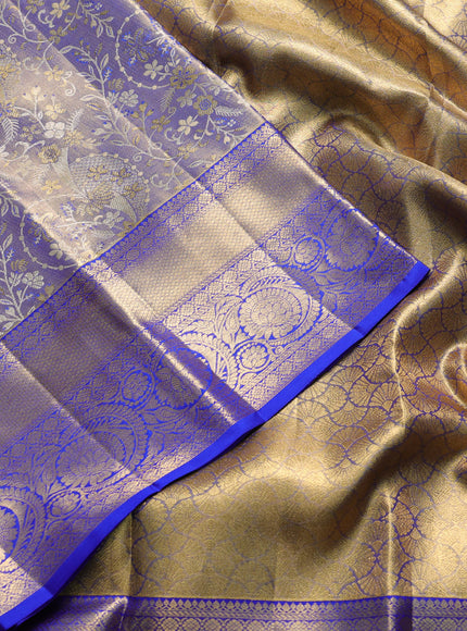 Pure kanchipuram tissue silk saree dual shade of golden blue and blue with allover zari woven brocade weaves and rich zari woven border