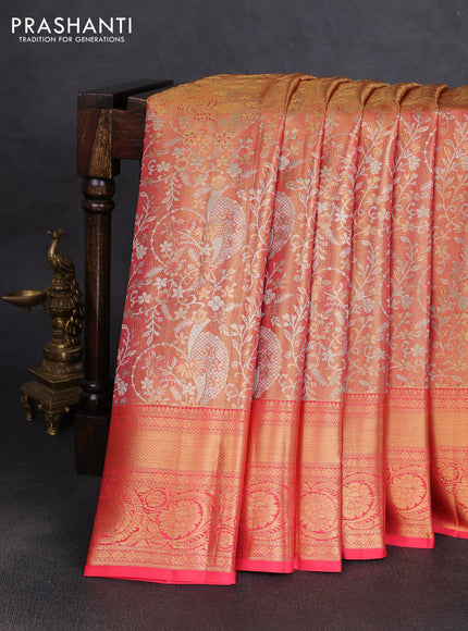 Pure kanchipuram tissue silk saree golden orange with allover zari woven brocade weaves and rich zari woven border