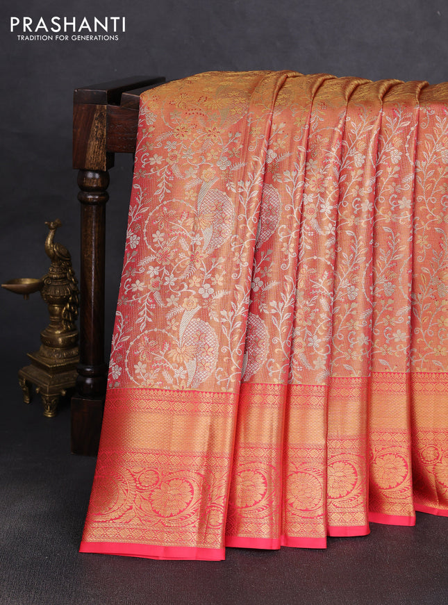 Pure kanchipuram tissue silk saree golden orange with allover zari woven brocade weaves and rich zari woven border