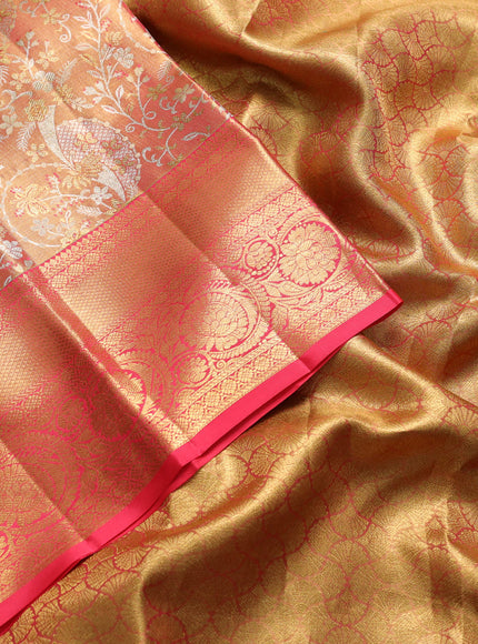 Pure kanchipuram tissue silk saree golden orange with allover zari woven brocade weaves and rich zari woven border