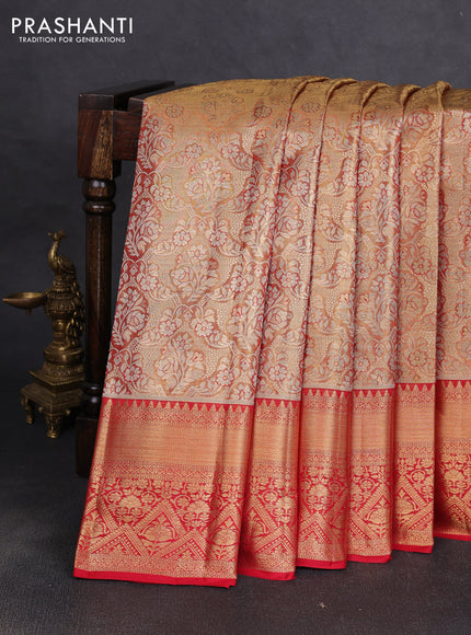 Pure kanchipuram tissue silk saree golden red and red with allover zari woven brocade weaves and rich zari woven border