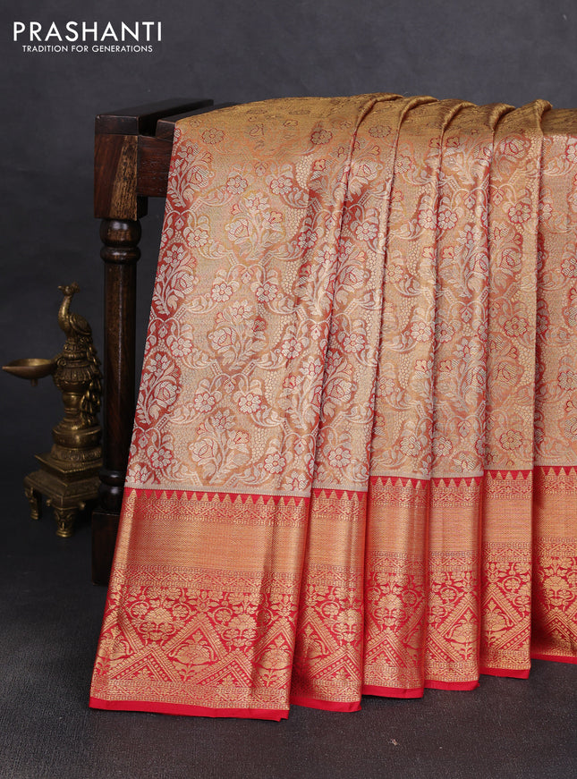 Pure kanchipuram tissue silk saree golden red and red with allover zari woven brocade weaves and rich zari woven border