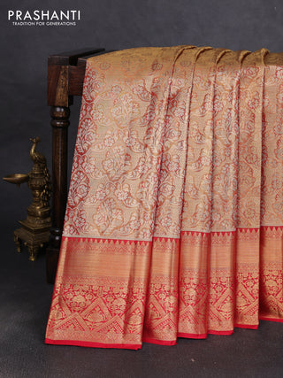 Pure kanchipuram tissue silk saree golden red and red with allover zari woven brocade weaves and rich zari woven border