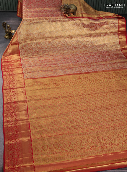 Pure kanchipuram tissue silk saree golden red and red with allover zari woven brocade weaves and rich zari woven border