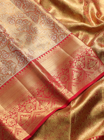 Pure kanchipuram tissue silk saree golden red and red with allover zari woven brocade weaves and rich zari woven border