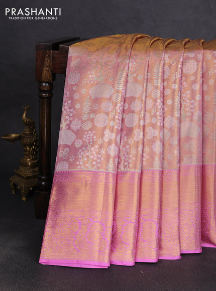 Pure kanchipuram tissue silk saree dual shade of light pink with allover zari woven brocade weaves and rich zari woven border