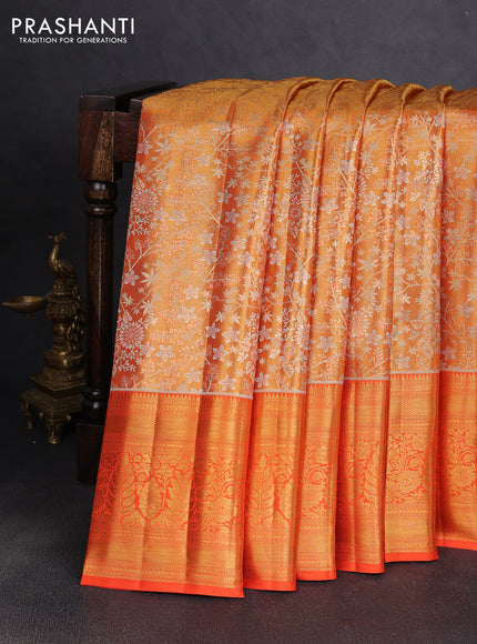 Pure kanchipuram tissue silk saree orange with allover zari woven floral brocade weaves and rich zari woven border