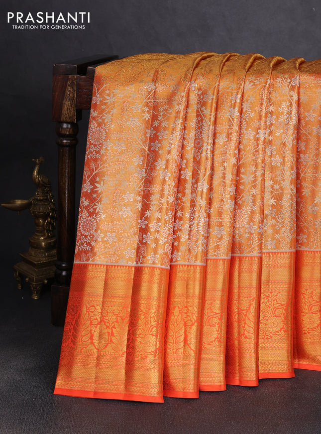 Pure kanchipuram tissue silk saree orange with allover zari woven floral brocade weaves and rich zari woven border