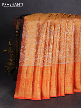 Pure kanchipuram tissue silk saree orange with allover zari woven floral brocade weaves and rich zari woven border