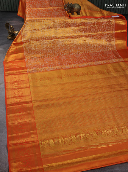Pure kanchipuram tissue silk saree orange with allover zari woven floral brocade weaves and rich zari woven border