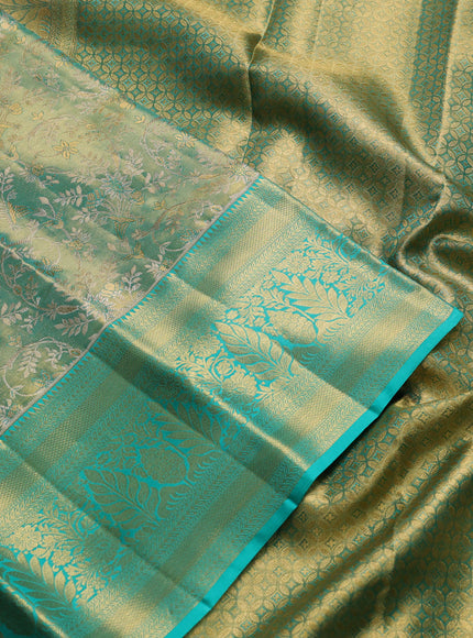 Pure kanchipuram tissue silk saree teal green with allover zari woven floral brocade weaves and rich zari woven border