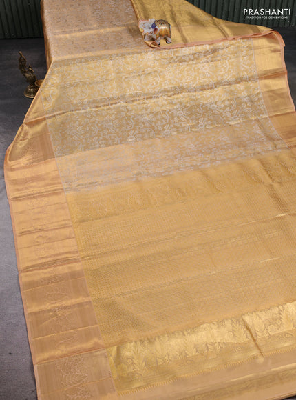 Pure kanchipuram tissue silk saree gold and sandal with allover zari woven floral brocade weaves and rich zari woven border